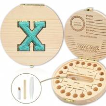 创意首字母木质牙齿收纳盒木质牙盒脐带牙齿收集盒婴幼儿纪念品盒刺绣字母A到Z - 杏色 - 查看 11