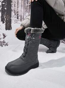 Women's Goose Faux Furs Knee High Winter Snow Boots Warm Holiday Christmas Outdoor Black Boots - Grey - View 2