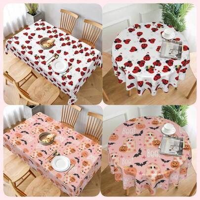 1pc Ladybug/Cute Ghost Heatproof Tablecloth, Adorable Polyester Rectangular/Round Decorative Tablecloth Suitable For Living Room And Kitchen Decor Halloween Party