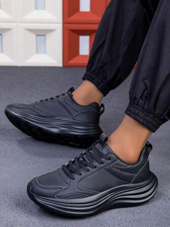 Men's Outdoor Hiking Casual Shoes, Thick Sole, Black Color, Fashion Design, Easy Clean Leather Surface, Leisure Shoes