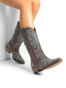 Women's Mid Calf Cowgirl Boots Cowboy Boots Pointed Toe Fashion Slip-On Chunky Heel Embroidery Stitched Western Brown Boots For Festival Party Shoes - 棕色 - 查看 5