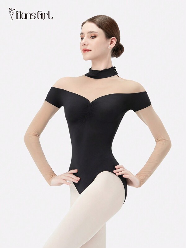 DonsGirl 1 Stück Damen Tanzleotard mit Herzausschnitt, Perlknöpfen und durchsichtigen Netzärmeln (mit Schritt)
