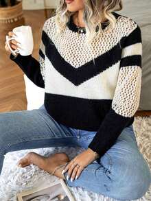 Suéter de punto con cuello redondo, manga larga, con rayas, calado y contraste de color, talla grande
