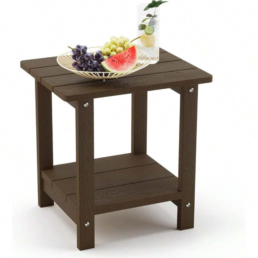 Outdoor Side Table, 2-Tier Dark Brown HDPS Patio End Table Weather Resistant,Outdoor Morden Side Table For Patio, Pool, Porch