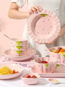Juego de vajilla de cerámica con estampado de fresas rosas, 7 piezas, que incluye tazón, cuchara, plato - Adecuado para escuela, dormitorio, hogar, cocina, comedor, regalo de Navidad - Serie fresa rosa - Ver 2