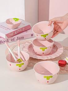 Juego de vajilla de cerámica con estampado de fresas rosas, 7 piezas, que incluye tazón, cuchara, plato - Adecuado para escuela, dormitorio, hogar, cocina, comedor, regalo de Navidad - Serie fresa rosa - Ver 4