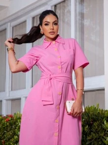 LINEN DRESS WITH BELT SUZI MODA - Rosa - Ver 2