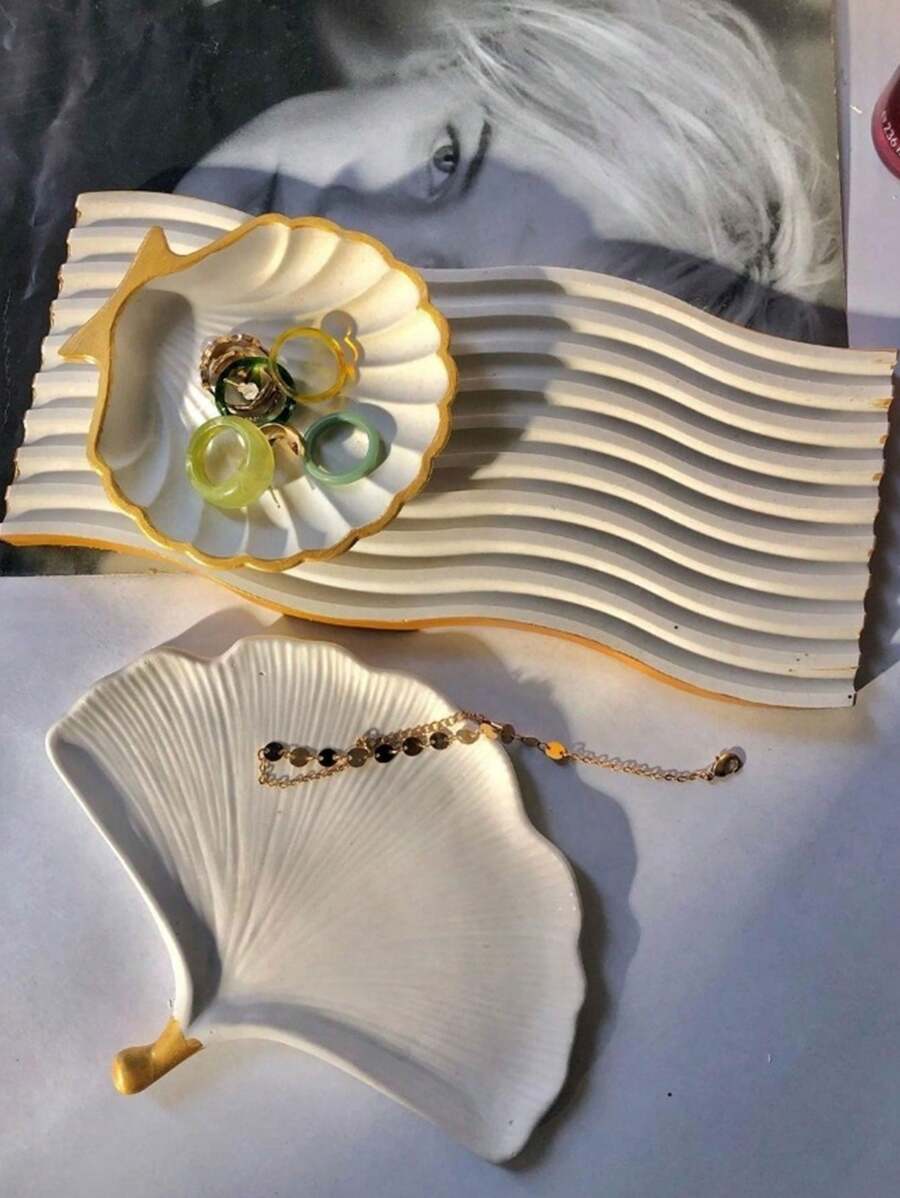 3 件/套大波浪托盘硅胶模具 - 银杏叶盘和海洋贝壳盘用于珠宝 DIY 水泥、混凝土、石膏、蜡烛、水晶环氧树脂工艺品、家居装饰 - 白色 - 查看 1