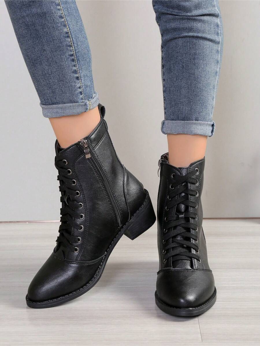 Women's Fashion Lace-Up Chunky Heel Pointed Toe Chelsea Boots, Classic Ankle Boots & Booties, Versatile Black High Heel Winter Boots - Black - View 1