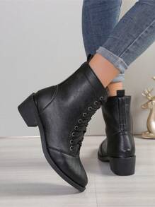 Women's Fashion Lace-Up Chunky Heel Pointed Toe Chelsea Boots, Classic Ankle Boots & Booties, Versatile Black High Heel Winter Boots - Black - View 5