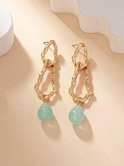 1 Pair Retro Exaggerated Green Stone Decor Gold-Tone Chain Drop Earrings, Fashionable Jewelry Accessories Suitable For Women Daily, Holiday, Party, Gift