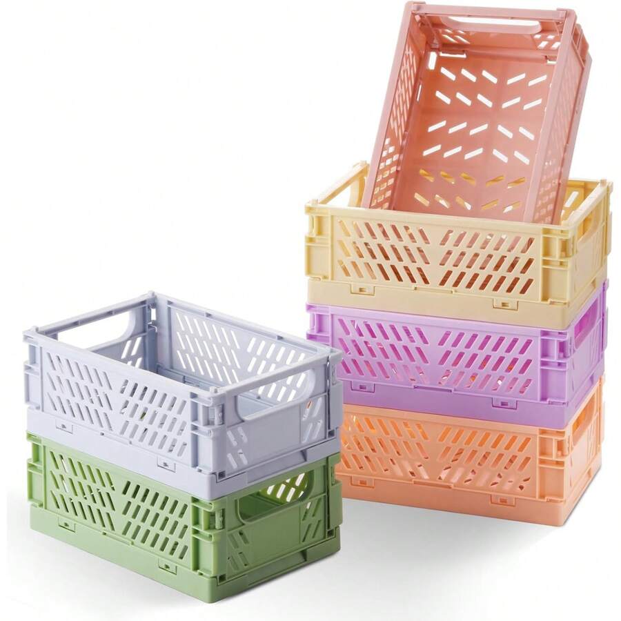 6-Pack Pastel Storage Crates, Mini Plastic Crates, Small Baskets For Organizing, Collapsible Storage Crates For Bedroom Decor Classroom Office Kitchen Home (5.8"X 3.8" X 2.2") - 彩色 - 查看 1