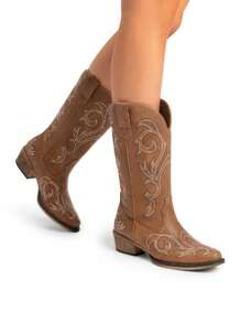 Women's Mid Calf Cowgirl Boots Cowboy Boots Pointed Toe Fashion Slip-On Chunky Heel Embroidery Stitched Western Camel Boots For Festival Party Shoes - Camel - View 9