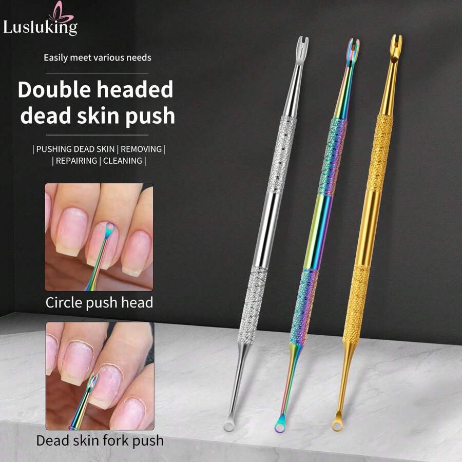 LUSLUKING 1支不锈钢双头角质层推棒及死皮去除器，适用于美甲、指甲彩绘、指甲清洁和护理