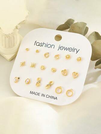 9pcs/Set Minimalist Fashion Stud Earrings For Women, Gold Pearl, Rhinestone, Hoop, Star Shaped Jewelry Set