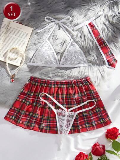 ROMWE Anime 4pcs Cosplay Sexy Lingerie Set, Includes Red Plaid Student Uniform, White Lace Thong, And Alluring Lingerie, Rave, Breathable