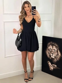 Short Balloon Strap Dress With Cup - 黑色 - 查看 1