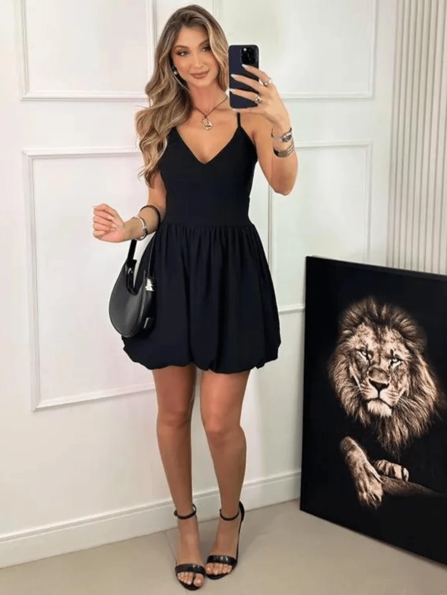 Short Balloon Strap Dress With Cup - 黑色 - 查看 1