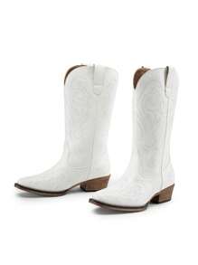 Women's Mid Calf Cowgirl Boots Cowboy Boots Pointed Toe Fashion Slip-On Chunky Heel Embroidery Stitched Western White Boots For Festival Party Shoes - 白色 - 查看 2