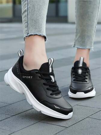 Women's Lightweight Low-Top Synthetic Leather Sneakers - Breathable Mesh Lining, Lace-Up Closure, EVA Sole, Round Toe, Solid Color, Suitable For Outdoor Activities Year-Round