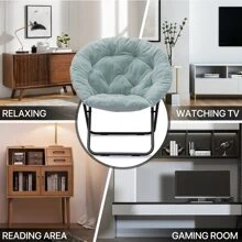 Silla redonda plegable con falso pelaje de MoNiBloom para dormitorio, sala de estar o dormitorio. Estructura metálica plegable, grande y cómoda, acolchada y suave, silla de descanso perezosa y acogedora tipo luna para adultos