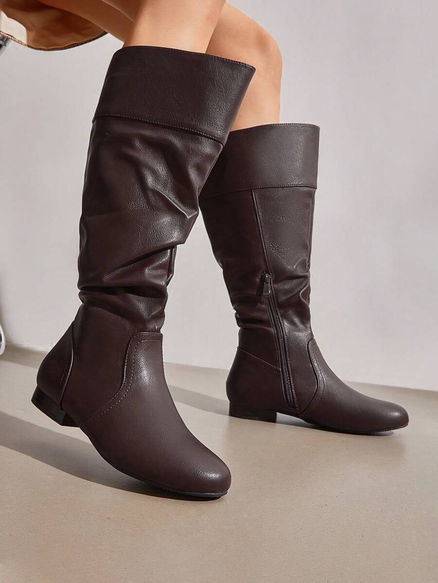 Women's Wide Calf Knee High Boots Fur Lined Side Zipper Warm Fall Winter Boots - 咖啡棕 - 查看 1