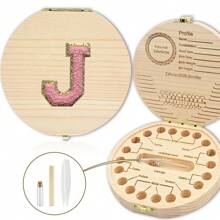 创意首字母木质牙齿收纳盒木质牙盒脐带牙齿收集盒婴幼儿纪念品盒刺绣字母A到Z - 杏色 - 查看 79