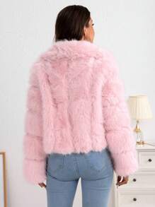 Chaqueta Corta De Pieles Para Mujer,Chaqueta Lisa Unicolor,Chamrrara Con Cierre Delantero,Abrigo Mullido Cálido Para Otoño E Invierno - Rosa - Ver 2