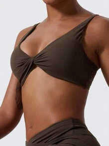 1pc Super Soft Nude Fabric Breathable Sweat Absorbent Yoga Sports Underwear Twisted Chest Design Back Sling Outdoor Workout Leisure Bra Running Fitness Pilates Women - 咖啡棕 - 查看 2
