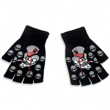 万圣节骷髅印花夜光弹力针织无指手套成人款，秋冬骷髅 - 黑色 - 查看 10