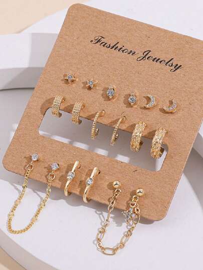 طقم أقراط حلقة ذهبية فرنسية رجعية إبداعية للنساء مرصعة بالكريستال 9 أزواجرمضان