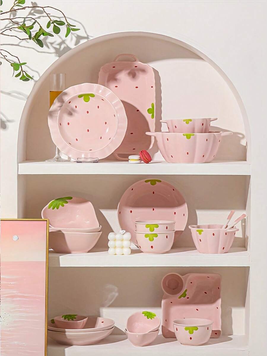 Juego de vajilla de cerámica con estampado de fresas rosas, 7 piezas, que incluye tazón, cuchara, plato - Adecuado para escuela, dormitorio, hogar, cocina, comedor, regalo de Navidad - Serie fresa rosa - Ver 1