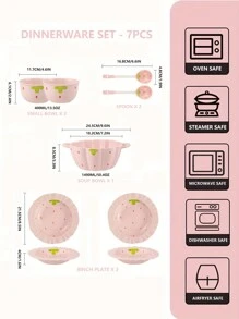 Juego de vajilla de cerámica con estampado de fresas rosas, 7 piezas, que incluye tazón, cuchara, plato - Adecuado para escuela, dormitorio, hogar, cocina, comedor, regalo de Navidad - Serie fresa rosa - Ver 3