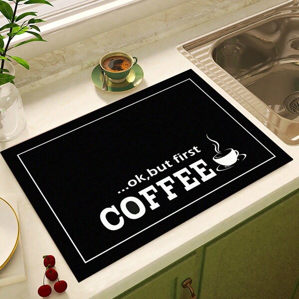 1pc Black Coffee Print Draining Mat, New Absorbent Kitchen Countertop Drying Pad, Soft Silicone Non-Slip Quick Drying Pad For Kitchen Counter, Coffee Maker, Etc.