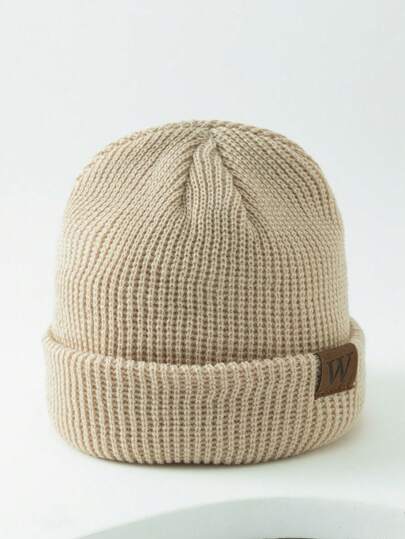 1pc Men's Leather Patch W Guacamole Color Knit Beanie Fall Outfit