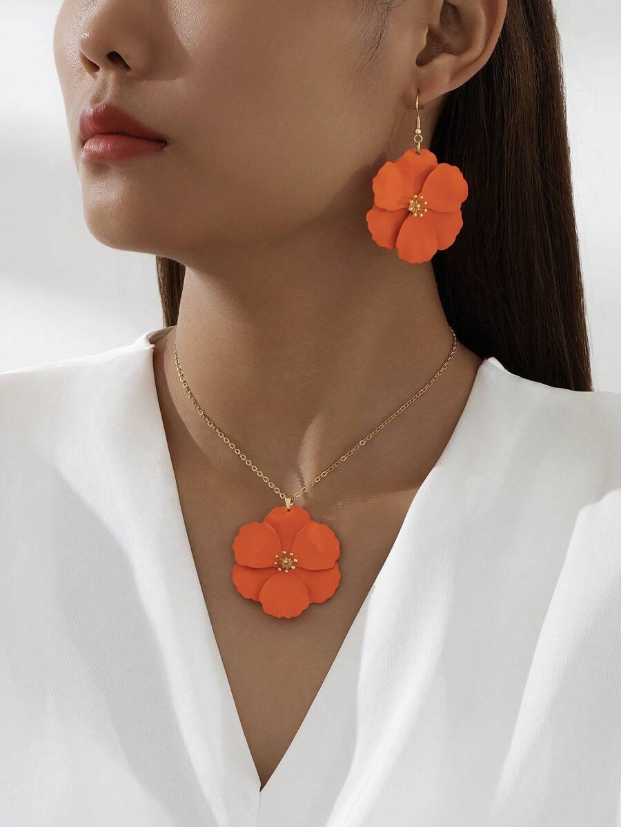 1 set collier pendentif fleur asymétrique multicouche en métal et boucles d'oreilles pour femmes, Saint Valentin, maman, mère, fête des mères, cadeau