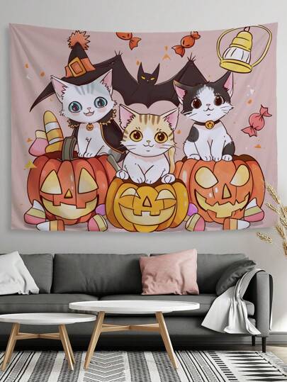 1pc Halloween Pumpkin & Cat Print Tapestry, Home Decor Wall Hanging ,Room Decor ,Room Stuffs ,Wall Arts, Flags For Room, Tapestry, Wall Tapestry