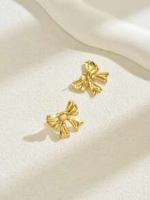 1 对优雅金色不锈钢蝴蝶耳钉，适合女士，经典日常佩戴 - 金黃色 - 查看 2