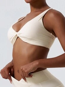 1 件超柔裸色面料透气吸汗瑜伽运动内衣扭胸设计背带户外健身休闲胸罩跑步普拉提女士 - 米色 - 查看 6