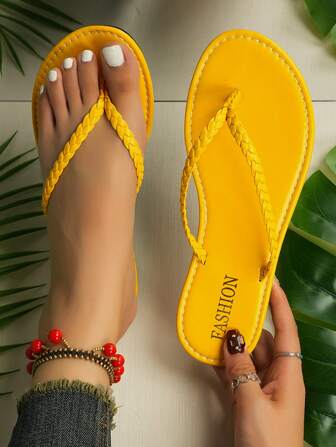 女士时尚编织带平底人字凉鞋