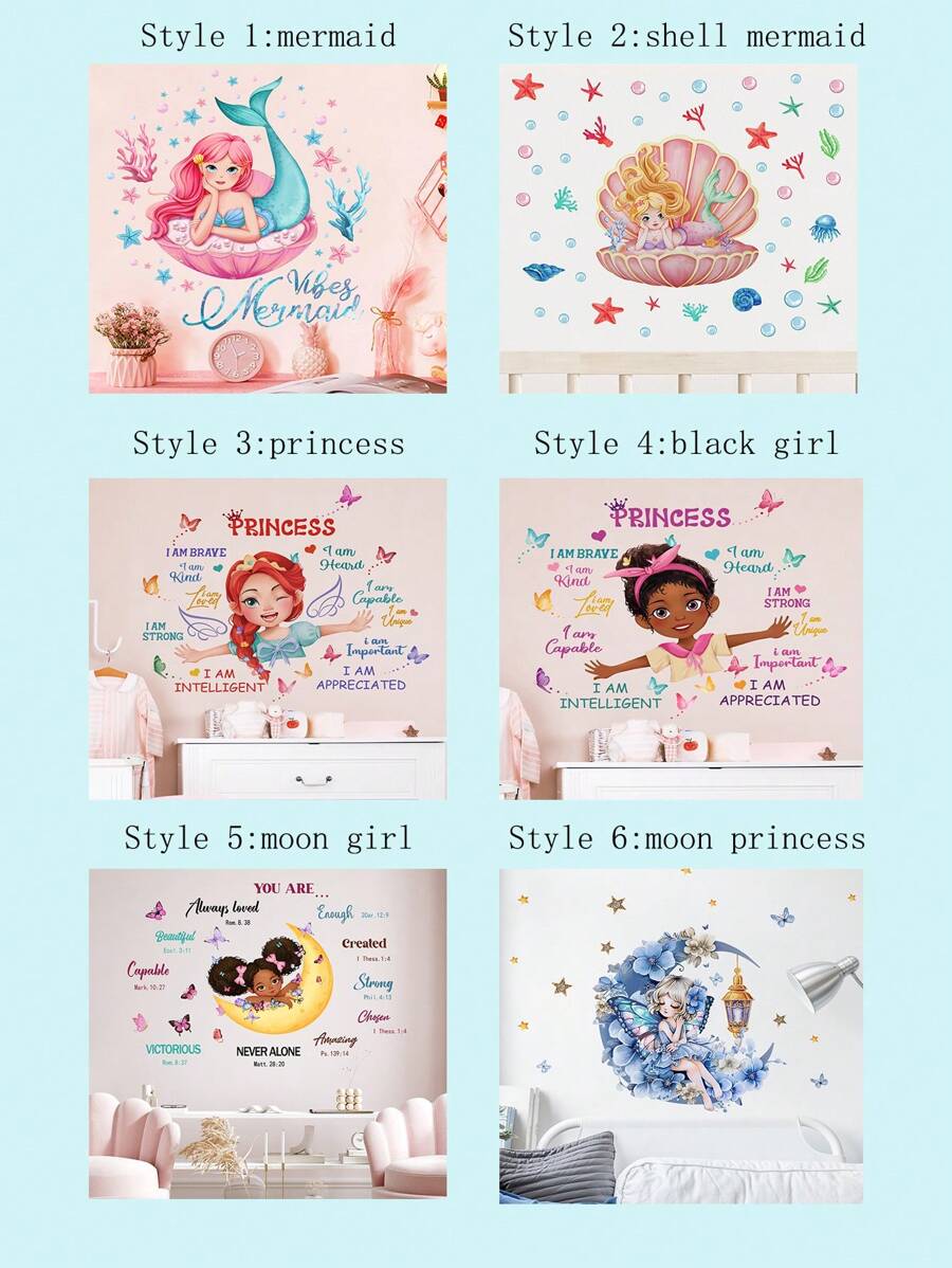 Cartoon Mermaid Princess Stickers For Girls Room, Nursery Decor,  Removable Wall Stickers