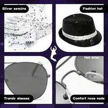 3 peças/Conjunto Acessórios de Fantasia MJ, Conjunto de Fantasia do Rei do Pop MJ com Chapéu, Luva Sequin, Chapéu, Óculos de Sol, Fantasia do Rei da Dança para Adultos de Cosplay, Festa de Despedida de Solteiro/Solteir, Tema de Halloween Caveira/Esqueleto - Multicolorido - Visão 4