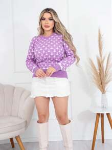 Women's Long Sleeve Knitted Blouse Heart - 淡紫色 - 查看 3