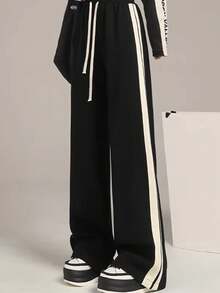 女式抽绳条纹设计直筒街头时尚百搭休闲长裤