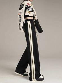 女式抽绳条纹设计直筒街头时尚百搭休闲长裤