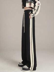 女式抽绳条纹设计直筒街头时尚百搭休闲长裤