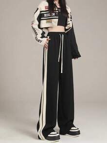 女式抽绳条纹设计直筒街头时尚百搭休闲长裤