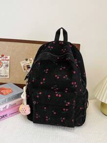 1 pieza Mochila plegable y ligera de gran capacidad con múltiples bolsillos con cierre, estampado de flores de cerezo, de pana negra, adecuada para adolescentes, estudiantes de secundaria/universidad, uso diario, transporte, compras, viajes, regalo para estudiantes, artículo esencial para salidas de primavera - Negro - Ver 7