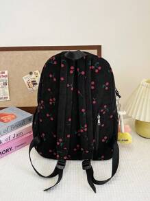 1 pieza Mochila plegable y ligera de gran capacidad con múltiples bolsillos con cierre, estampado de flores de cerezo, de pana negra, adecuada para adolescentes, estudiantes de secundaria/universidad, uso diario, transporte, compras, viajes, regalo para estudiantes, artículo esencial para salidas de primavera - Negro - Ver 5