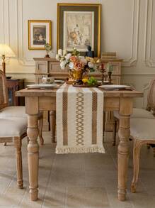 1pc Farmhouse Crochet Patchwork Table Runner, Boho Style Coarse Linen Coffee Color Geometric Pattern, Vintage Charm, Comfortable And Elegant For Coffee Table, Sideboard, Cabinet Cover, Home Decor, Suitable For Kitchen, Dining Room, Dinner Party, Wedding, Bridal Shower, Christmas, Thanksgiving - Multicolor - View 5